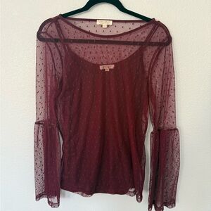 Ultra Flirt Burgundy Polka Dot Sheer Blouse Size Medium